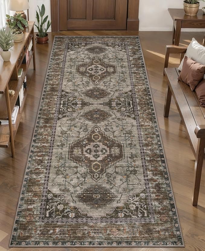 Tangsoo 2x5 Washable Runner Rug for Hallways, Non Slip Vintage Runner Rug, Soft Low Pile Long Rug Runner, Print Distressed Carpet Runners for Kitchen Bedroom Entryway Bathroom Living Room Grey