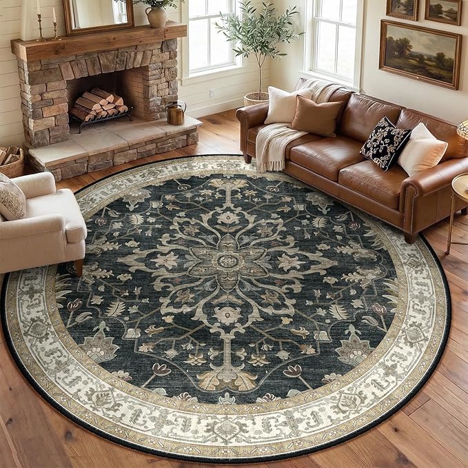RELEANY Area Rugs Round 8ft Washable Non-Slip, Floral Vintage Distress Print Pattern Medallion Carpet for Living Room Bedroom Dining Room, Vintage Black Brown Neutral