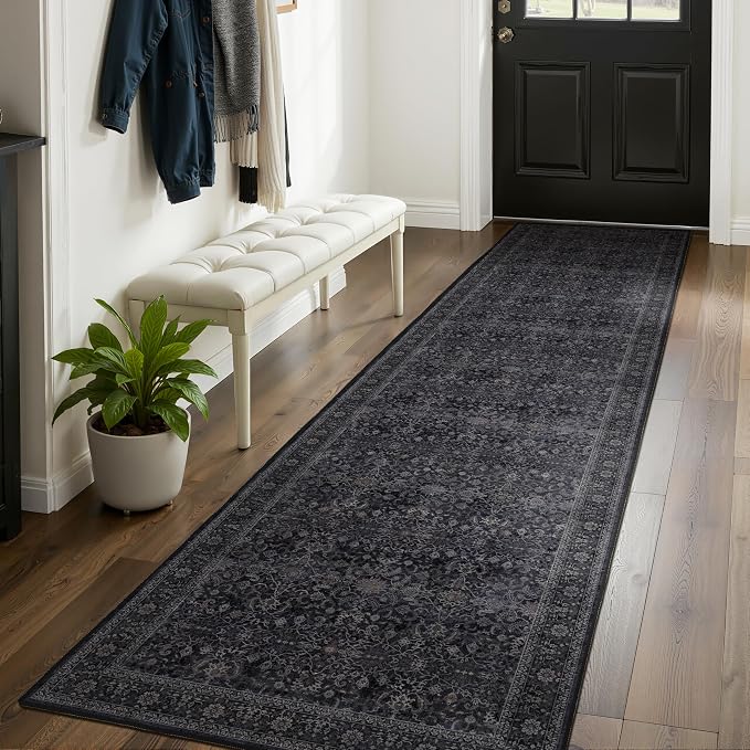 Dark 2x8 Kitchen Runner, Washable Non Slip Runner Rug for Hallway Entryway, Lightweight Ultra Thin Low Pile Carpet Runner for Bathroom/Mudroom/Corridor/Laundry Room, Vintage Farmhouse Midnight