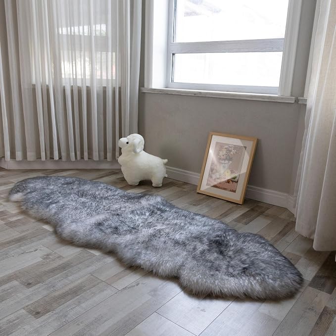 Sheepskin Rug, Fluffy Shag Area Rug, Super Soft 24” x 72“ Sheepskin Hair Rug, Silver Grey Pile Rug, Decorative Throw Rugs for Bedrooms, Children's Rooms, Living Rooms (Silver Grey, 24" x 72")