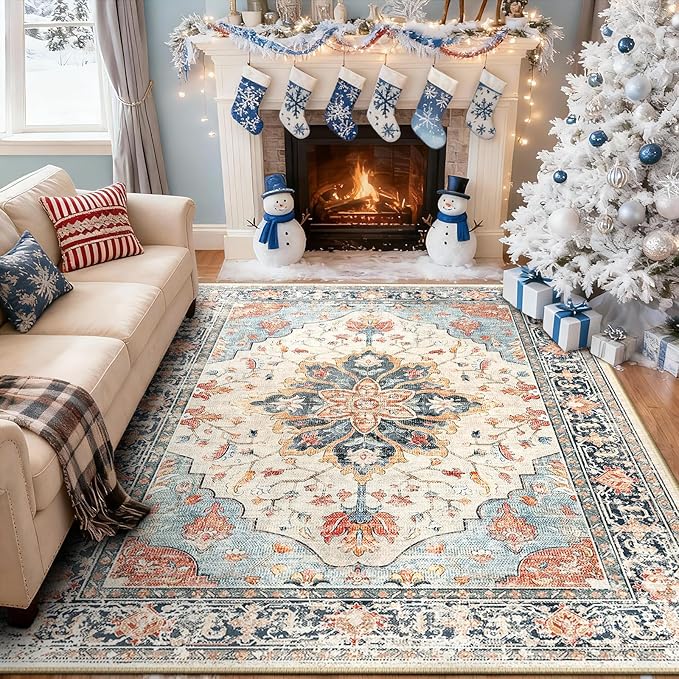 RELEANY Area Rugs 8'x10' Washable Non-Slip, Floral Vintage Distress Print Pattern Medallion Carpet for Living Room Bedroom Dining Room, Beige Navy Blue Orange Colorful