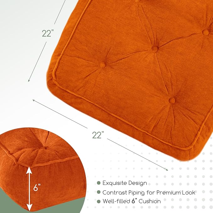 HIGOGOGO 6" Extra Thick Floor Pillow Cushion for Adults, Meditation Cushion Pillow with Handle, Lustrous Chenille Tufted, Square Floor Sitting for Tatami Living Room or Yoga, 22x22 Inch, Orange