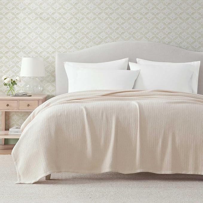 Martha Stewart - Twin Bed Blanket, 100% Cotton Textured Basket Weave Bedding, Breathable & Lightweight Blanket for Couch or Bed, Bedford Tile Pink
