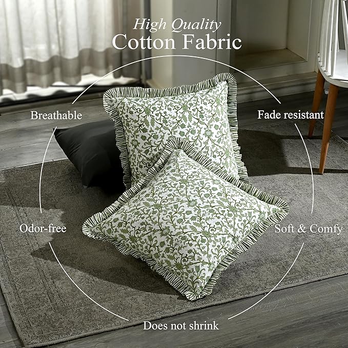 CPC Meadow Vine Hand Block Print 100% Cotton Ruffle Throw Pillow Cover 18x18 inch with Hidden Zipper Decorative for Couch, Bed, Sofa, Farmhouse, Cottagecore Decor Gift Christmas Fall Thanksgiving
