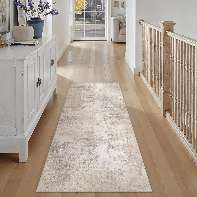 2'6x8 Washable Runner Rug Beige Grey Abstract Non Slip Soft Low Pile Hallway Kitchen Rug Neutral Modern Carpet for Laundry Bathroom Bedroom Living Room Home Decor