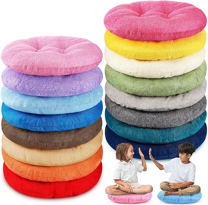 Fumete 16 Pcs 16 Inch Floor Cushions Pillow for Kids Bulk Classroom Round Flexible Seating Floor Cushions for Students Home Daycare School Reading Corner Yoga Meditation Picnic (Rainbow and Earthy)