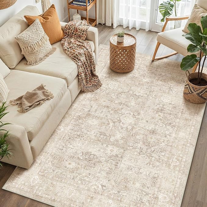 4x5 Beige Washable Area Rug for Living Room Bedroom Neutral Soft Non Slip Rug Low Pile Vintage Distressed Carpet for Dining Room Nursery Office Indoor