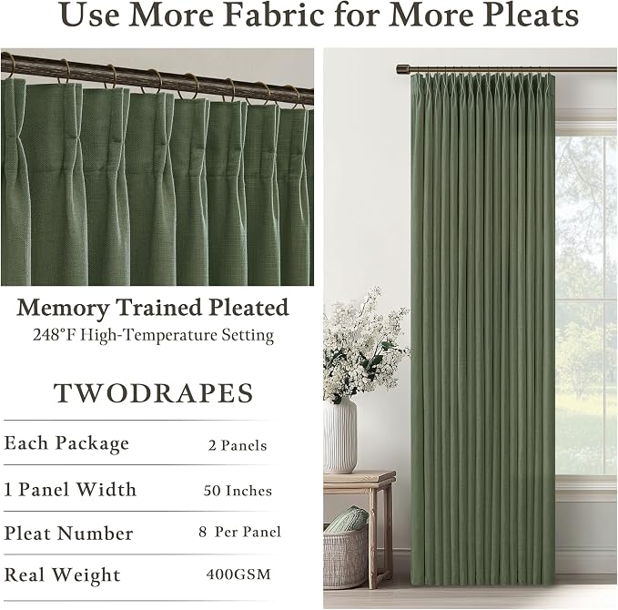 80 Inch Pinch Pleated Linen Curtains 2 Panels for Living Room Bedroom Boho Farmhouse Olive Green Semi Sheer Back Tab Pinch Pleat Hooks Rings Viral Dark Green Loden Window Curtain 50 by 80 Length