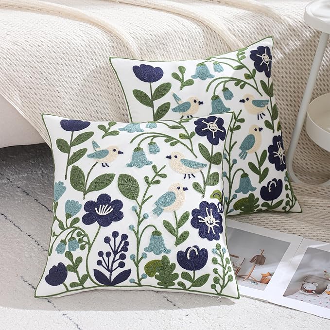 Spring Embroidered Pillow Covers 18x18 Pack of 2 Birds Throw Pillow Covers Green Leaves with Floral Pillowcases Farmhouse Pillow Cushion Cases Square Navy Blue Flower Pillow Case Home Decor