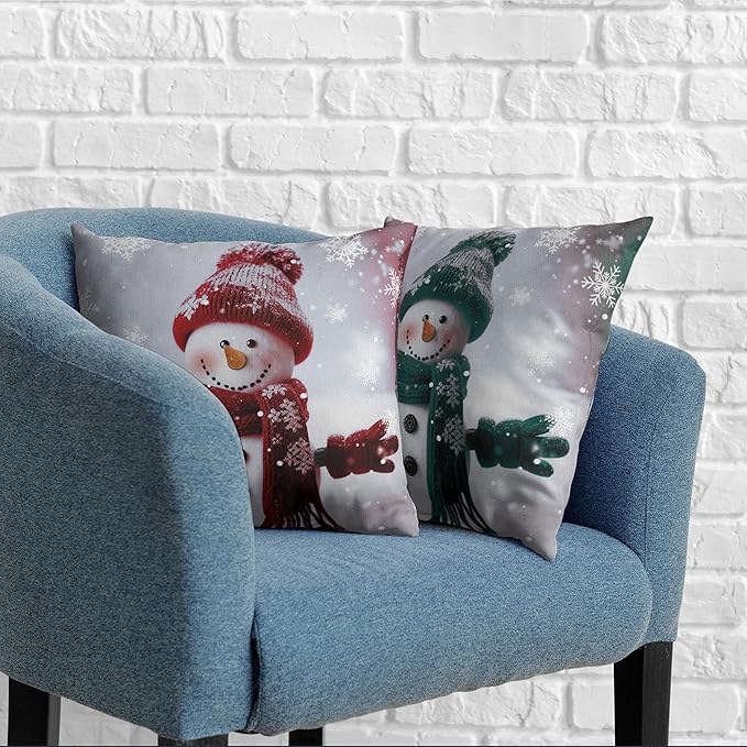 Green and Red Snowman Throw Pillow Covers Winter Holiday Decorative Pillow Covers 16x16 Set of 2 Cotton Linen Pillow Case for Christmas Decorations Living Room Sofa