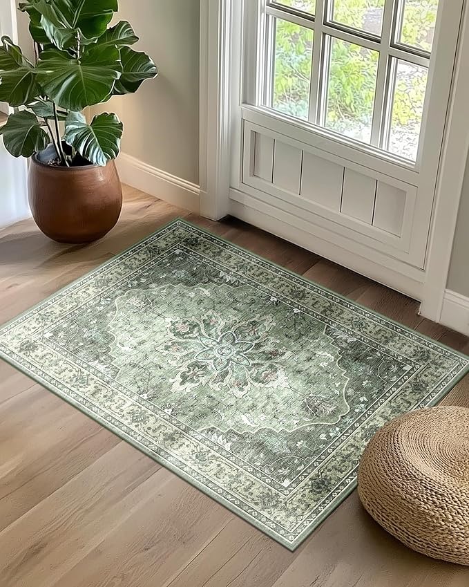 RELEANY Area Rugs 2'x3' Kitchen Rugs Entry Rug Small Rugs for Entryway Kitchen Bathroom Door Mat Indoor Entrance,Washable Non Slip, Dark Green Gray