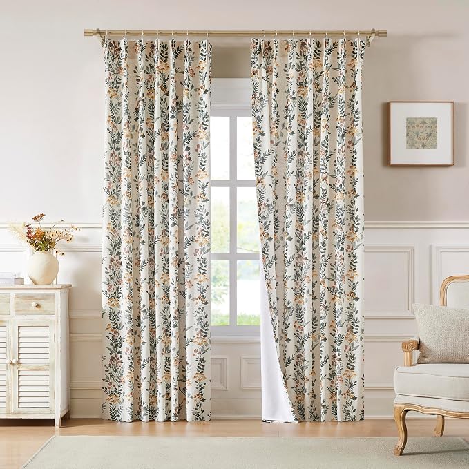 Kayne Studio Pinch Pleated Leaf Floral Window Curtains Light Filtering Lined Drapes Botanical Printed Country Farmhouse Back Tab Window Panels for Living Room Bedroom, 40"x84",Green & Yellow,2 Panels