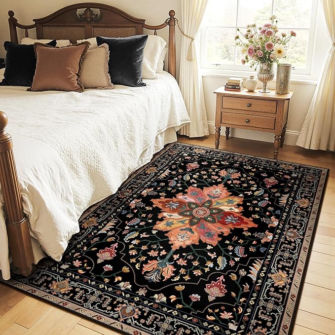 RELEANY Area Rugs 4'x5' Washable Non-Slip, Floral Vintage Distress Print Pattern Medallion Carpet for Living Room Bedroom Dining Room, Black Colorful Floral Dark Tan
