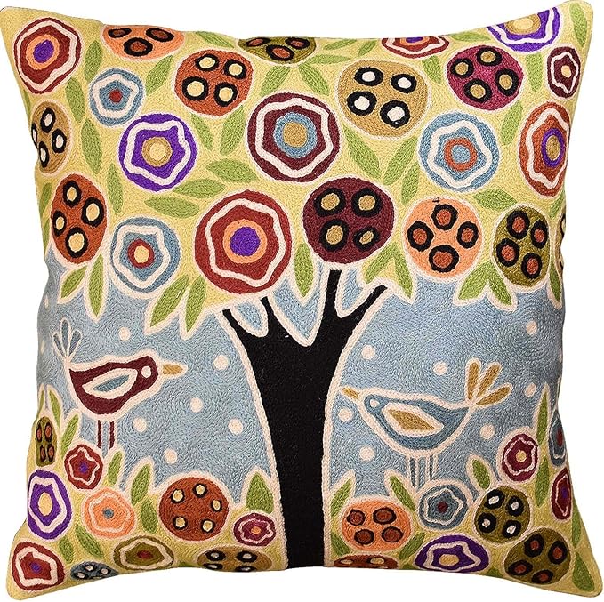 Blue Tree of Life Throw Pillow Cover Karla Gerard Floral Pillowcase Floral Chair Cushion Kids Room Blue Farmhouse Pillowsham Couch Hand Embroidered 18x18 Inch