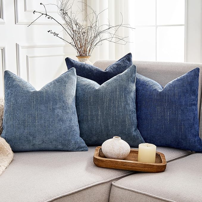 Pack of 4 Throw Pillow Covers 18x18 Inch Chenille Textured Neutral Blue Soft Pillow Covers Solid Decorative Farmhouse Cushion Covers Home Boho Decor for Couch Sofa Bed Living Room
