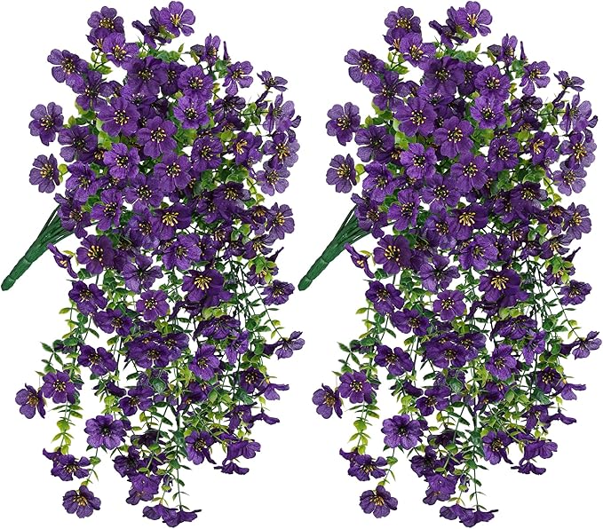 HyeFlora Artificial Flowers for Outdoors Garland Decoration, 2Pcs Dark Purple Fake Hanging Flowers, UV & Fading Resistant, Faux Decor for Home Porch Patio Balcony Planter Yard