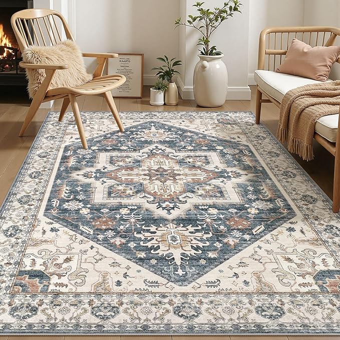 Area Rug for Living Room - 7x9 Washable Oriental Vintage Floral Distressed Large Soft Carpet - Fade Stain Resistant Non Slip Rugs for Bedroom Dining Room Nursery Dorm Office Home Decor - Vintage Blue