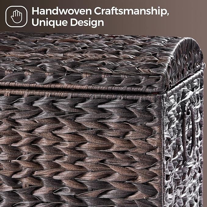 Honjourai Handwoven Storage Basket with Lid, 178L Plastic Rattan Storage Bin, Leather Buckle & Metal Frame, Large Metal Ring Handles, Storage Trunk for Bedroom, Laundry Room