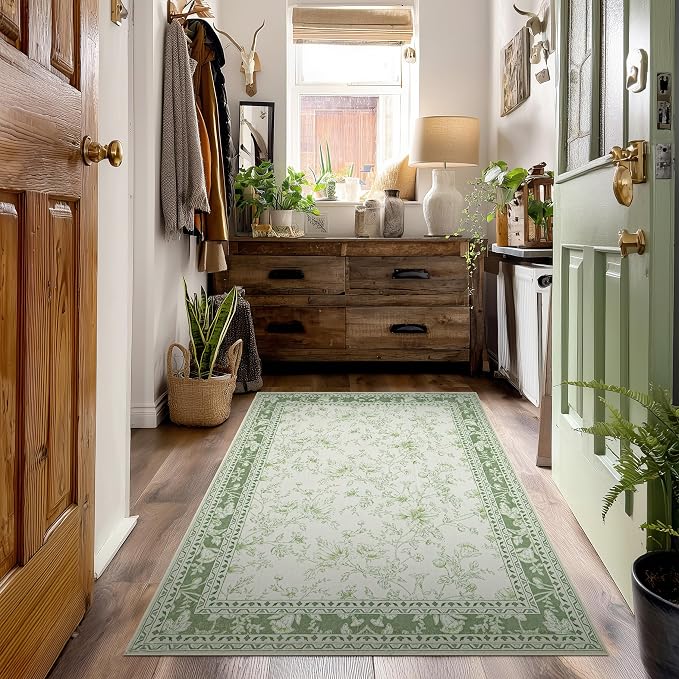 Green and Cream Area Rug 3x5 for Entryway Machine Washable Small Rug for Indoor Kitchen Bedroom Low Pile Vintage Peony Floral Print for Dining Living Room Non-Slip Sage Light Green Boho Decor