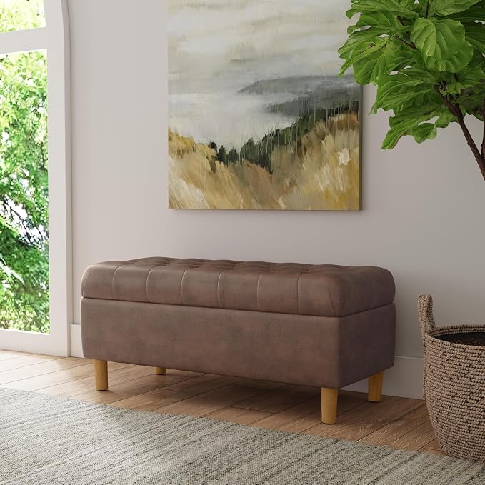 HomePop 40" Ainsley Button Tufted Storage Bench - Brown Faux Leather