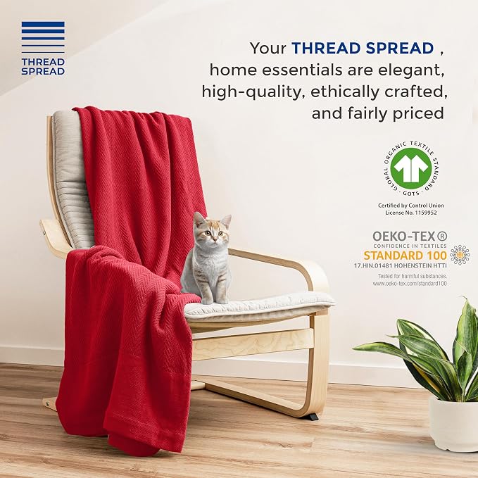 THREAD SPREAD Organic GOTS Cotton Blanket, King/Cal King - 350GSM, Oversized Antistatic, Fuzzy Soft, Sofa, Camping & Travel, Luxurious Herringbone All-Season Throw, Red + Free Chic Tote Bag