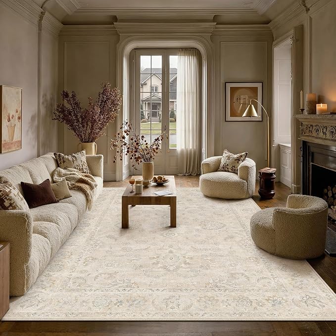 9x12 Cream Area Rug for Living Room Bedroom Neutral Floral Soft Non Slip Rug Low Pile Distressed Large Carpet for Dining Room Nursery Office Indoor
