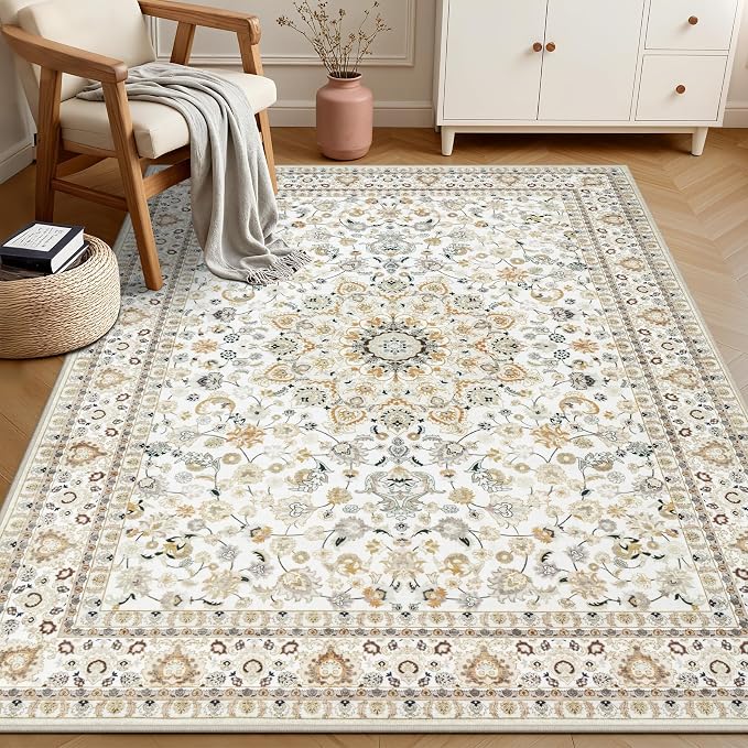 3x5 Area Rugs Living Room Rug: Washable Vintage Boho Rug No Slip Stain Resistant Soft Carpet Indoor Floor Floral Large Carpets for Bedroom Dining Room Farmhouse Nursery Home Office Beige