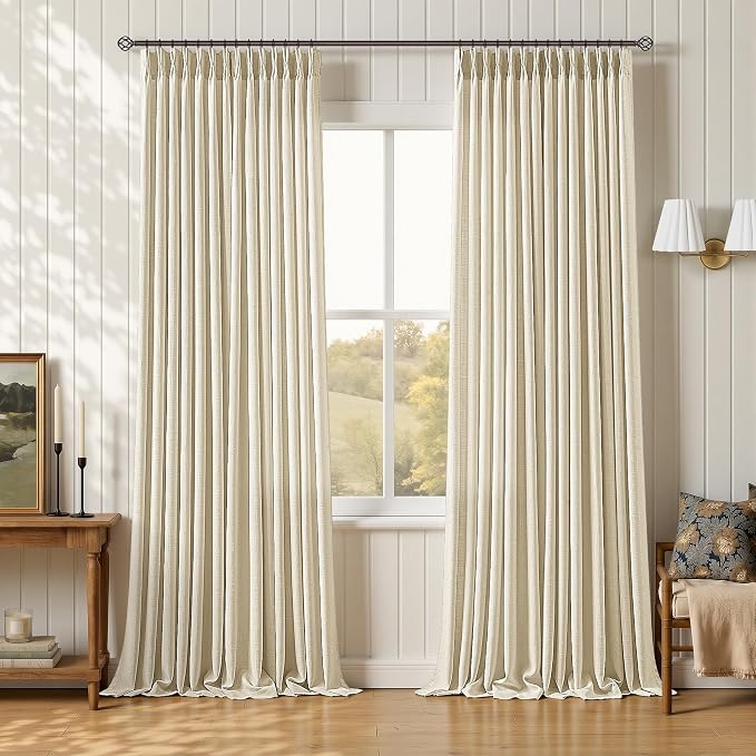 Cream Beige Pinch Pleat Curtains 105 Inches Long 2 Panels Set Memory Shaped Semi Sheer Privacy Back Tab Track Curtains with Hooks Rings Farmhouse Neutral Ceiling Floor Curtain 105 Inch Length 2 Panels