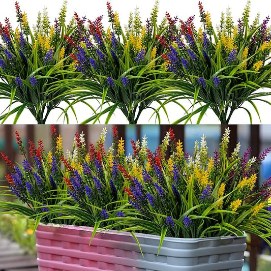 Nigirior Artificial Flowers for Outdoor Plants 24 Bundles Fake Lavender Plastic Faux Monkey Grass for Verandah Window Garden Office Patio Front Porch UV Resistant for Planter(5 Colors)