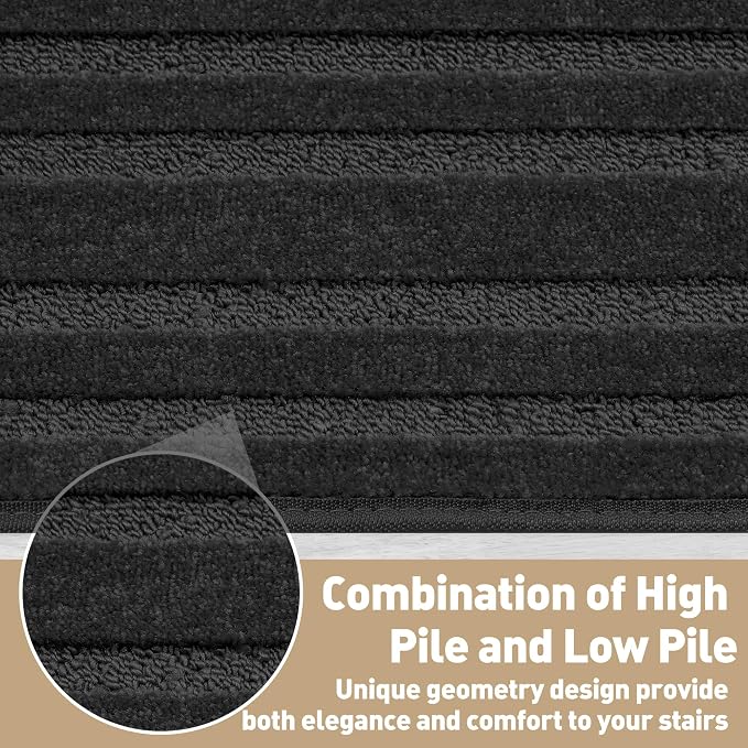 PURE ERA Bullnose Carpet Stair Treads Tape Free Non-Slip Indoor Stair Protectors Pet Friendly Stair Treads for Wooden Steps 9.5" x 30"(14 Pieces,Black Rectangular)