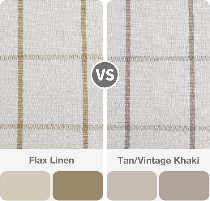 Vision Home Tan Plaid Linen Pinch Pleated Semi Sheer Curtains 60" Wx84 Lx2 | Checkered Light Filtering, Back Tab,with Ring Hooks, 2 Panels, Living Room Bedroom, Rustic Pleat Drapes