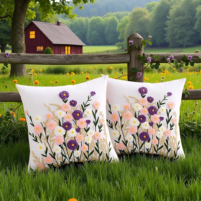 Spring Floral Pillow Covers 18x18 Inch Set of 2 Cotton Embroidery Farmhouse Throw Pillow Cover Outdoor Garden Cushion Case Summer Decorations for Home (Purple and Pink Flower,18"x18")