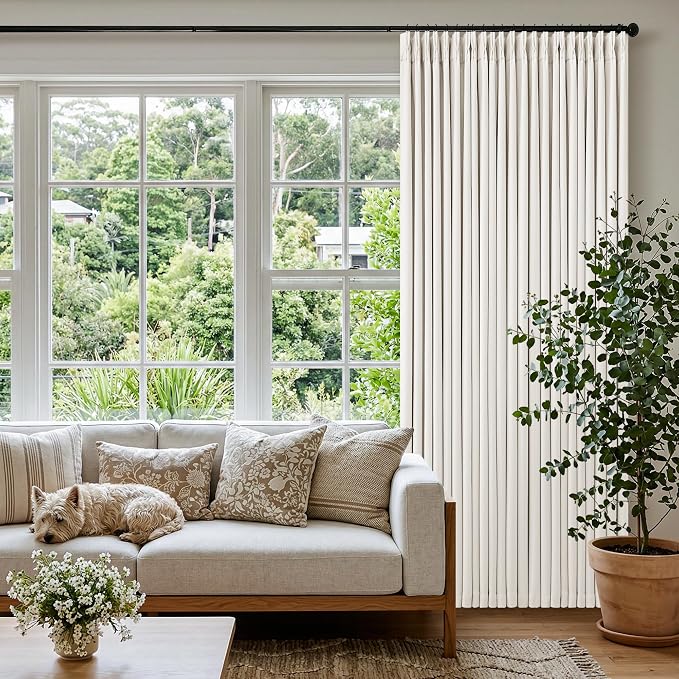105 Inch Pinch Pleated Blackout Linen Curtains for Bedroom 2 Panels Memory Trained 100% Black Out Soundproof Room Darkening Ivory Beige Off White Window Curtains Double Layer Pinch Pleat Drapes