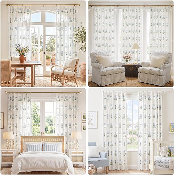 THREE GIRLS Pinch Pleated Light Filtering Linen Blend Floral Block Print Curtains for Living Room, Bedroom, Modern Farmhouse, Memory Trained, Hooks, 2 Panels Set, 40"x120", Blue