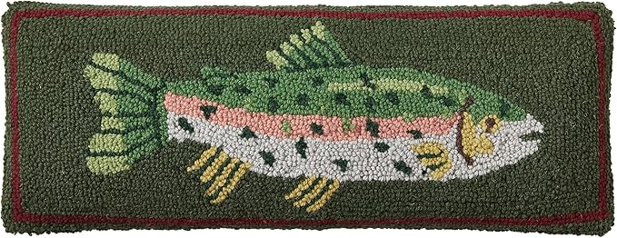 Camp Wandawega Trout Wool Hook Throw Pillow, Vintage Lodge Decorative Pillow, Oblong 8x22