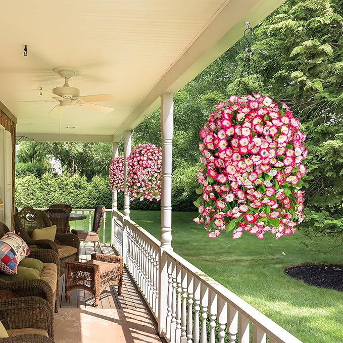 Ammyoo Artificial Faux Hanging Flowers Basket for Spring Summer Outdoor Porch Decor, Fake Silk Colorful Morning Glory Eucalyptus in Planter UV Resistant Look Real for Home Patio Balcony Yard(Pink)
