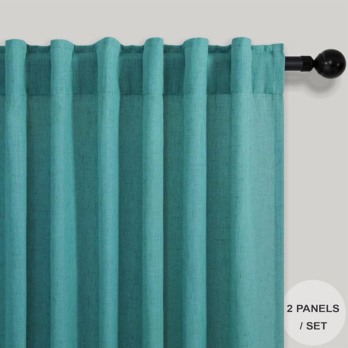 Pitalk Teal Linen Curtains 84 Inches Long 2 Panels Back Tab Rod Pocket Pleated Semi Sheer Light Filtering Modern Boho Curtains for Bedroom Living Room Dining Room Floor Length Peacock Blue Green Drape