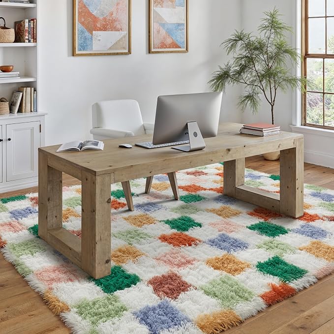 PureCozy Checkered Rug 5x8 for Living Room, Modern Neutral Shag Rug Super Soft Washable Indoor Fuzzy Carpet Non-Slip Fluffy Rugs for Bedroom Home Aesthetic Decor