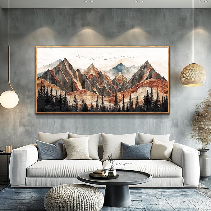 XIGUANGART Framed Boho Landscape Large Wall Art, Abstract Sun Mountain Canvas Wall Decor Painting, Modern Forest Botanical Aesthetic Poster Print Picture for Living Room Bedroom Home Office 30x60 Inch
