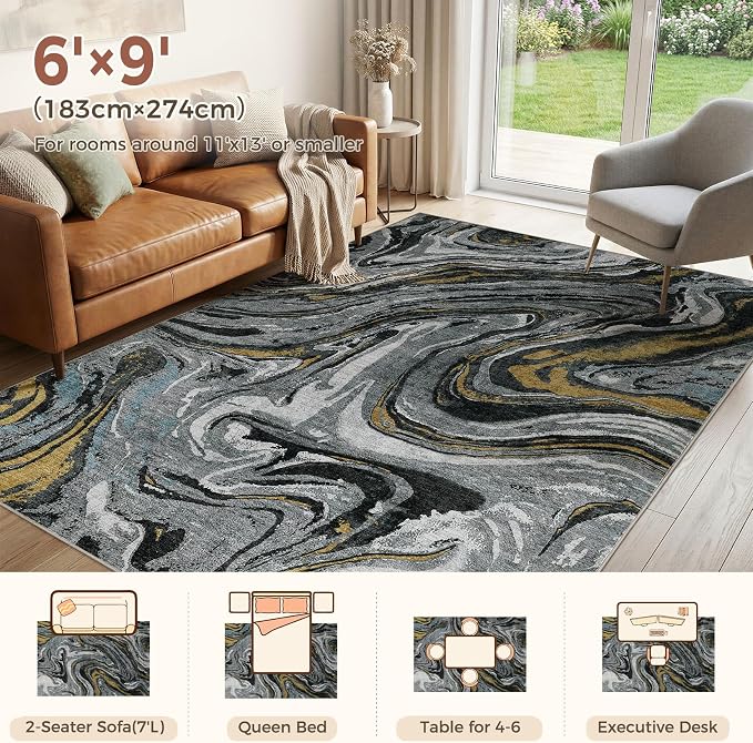 DMOYEST 6x9 Area Rug for Living Room - Washable Neutral Modern Abstract Rugs Soft Non-Slip Carpet Low Pile Indoor Floor Mat for Bedroom & Dining Room Decor for Families with Kids and Pet-Black Golden