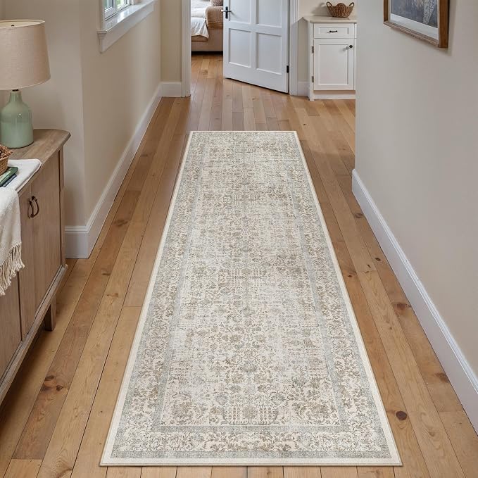 PureCozy Taupe Runner Rug 2'6"x12' Washable Carpet for Hallway Kitchen Vintage Distressed Non Slip Indoor Retro Floral Bedroom Accent Throw Long Rug Bathroom Office Laundry Dining Living Room