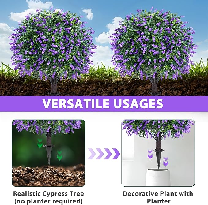 Grooy Artificial Boxwood Topiary Ball with Lavender, Set of 2 Artificial Shrub Bushes with Ground Spike, UV Resistant Fake Evergreen Plant Tree for Porch Outdoor Planters Indoor Valentine's Day