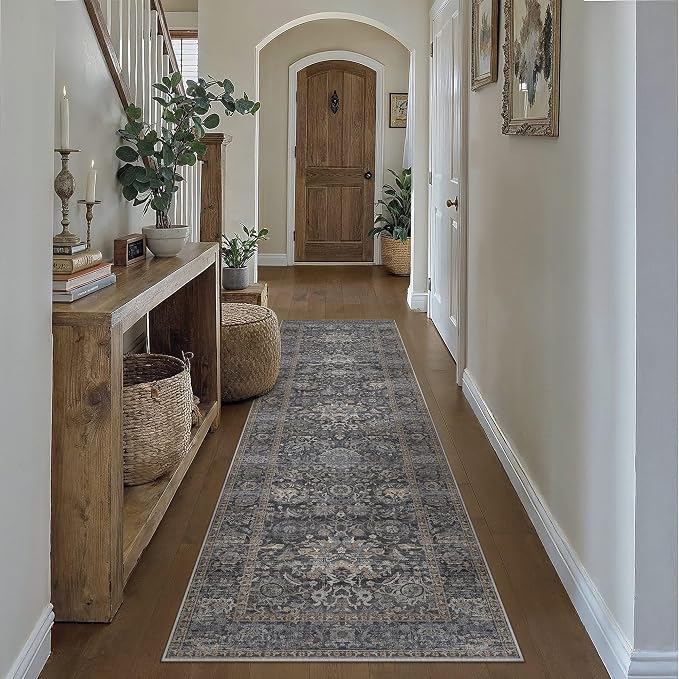 HUGEAR Hallway Runner Rugs 2x8 Blue Washable Rug Neutral Vintage Rug Carpet Distressed Soft Durable Non Slip No Shedding for Indoor Bedroom Kitchen Dining Nursery Laundry