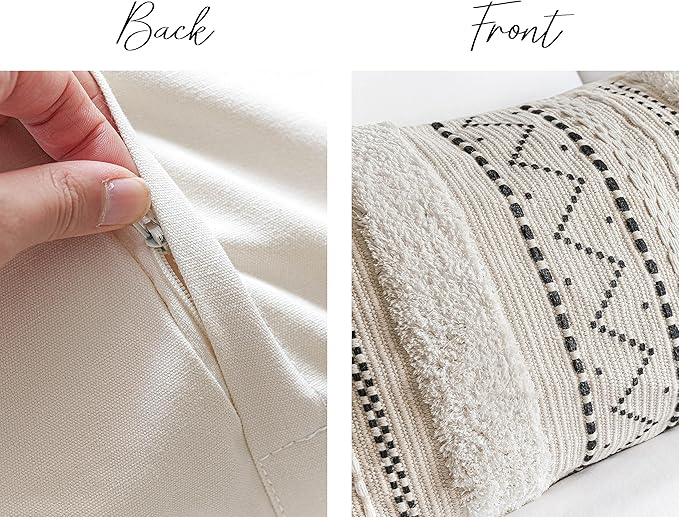 BlissBlush 14x36 Lumbar Pillow Cover for Bed, Rectangular Long Decorative Throw Pillowcase, Boho Accent Cushion with Black Tufted Pattern and Tassels, Cream Neutral (Cover Only)