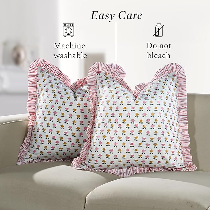 CPC Rosette Bloom Hand Block Print 100% Cotton Ruffle Throw Pillow Cover 24x24 inch with Hidden Zipper Decorative for Couch, Bed, Sofa, Farmhouse, Cottagecore Decor Gift Christmas Fall Thanksgiving