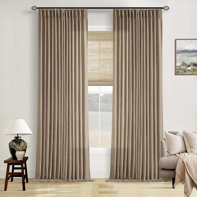 TWODRAPES Light Brown Linen Curtains Pinch Pleated Living Room Bedroom Dining Boho Light Filtering Pinch Pleat Drapes Hooks Rings Back Tab Semi Sheer Tan Latte Coffee Color Window Curtains 2 Panels
