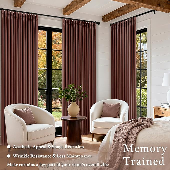 Brick Brown Pinch Pleated Blackout Linen Curtains 120 Inches Long for Living Room Bedroom 2 Panels Room Darkening Thermal Insulated Red Chestnut Country Farmhouse 100% Black Out Window Curtain Drapes