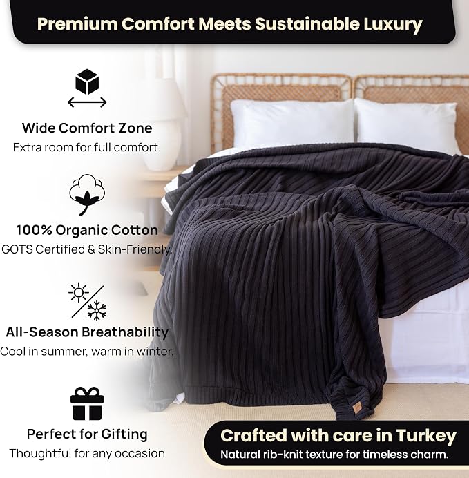 100% Organic Cotton Knit Blanket Denise -Soft and Lightweight, Breathable All-Season Throw for Bed, Sofa, or Lounge Area -GOTS Certified-Perfect for Home and Bedroom Styling (Black, 60x80)