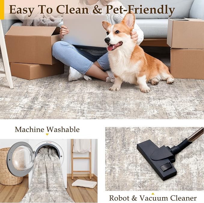PureCozy Machine Washable Area Rug 5x7 Beige Gray Large Living Room Indoor Accent Rug Neutral Modern Abstract Low Pile Carpet Non Slip Distressed Throw Rug Bedroom Office Dining Room Kitchen Laundry