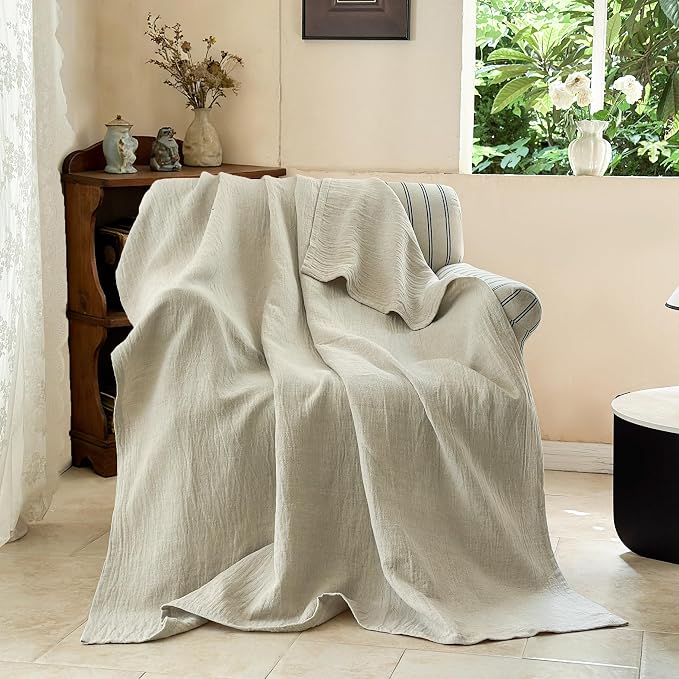 Simple&Opulence Linen Cotton Throw Blanket with Double Layered Folded Edge for Couch/Bed/Sofa/Gift, Natural Flax Solid Color Soft Breathable Cozy Farmhouse Home Décor - Linen, 50"x60"